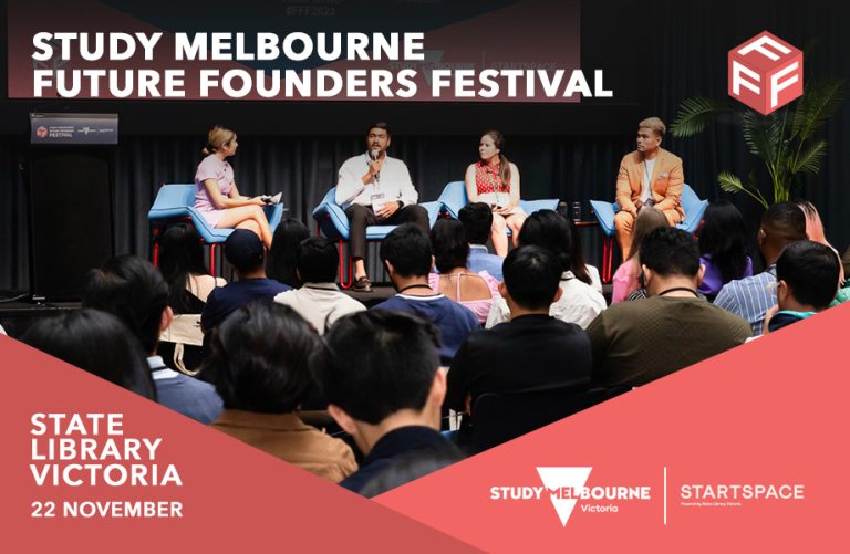 Future Founders Festival banner featuring a panel of speakers on stage in front of an audience.